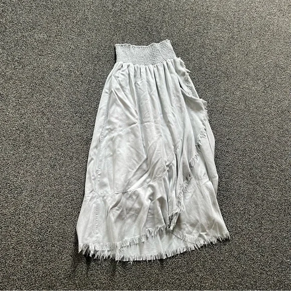 Pastel Baby Blue High Waisted Stretch Midi Maxi Ruffle Frayed Hem Modest Skirt L - Picture 3 of 16